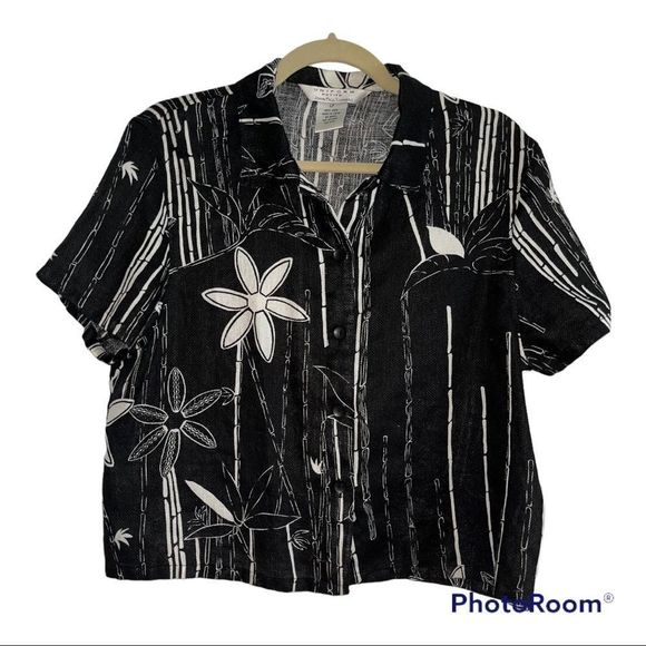 JohnPaulRichard Tops - UNIFORM PETITE  Button Up Shirt sz Large 100% Linen Black floral Coastal
